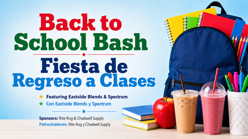 Back to School Bash 🎒📚 Part 2 — Join Covington by the Lake for a Back to School Bash featuring Eastside Blends and Spectrum, with sponsors Rite Rug and Chadwell Supply! Come back from 4:30–6:00 PM for Eastside Blends raffle giveaways, free samples, and teas and refreshers available for purchase. Backpack giveaway winners must be present to win, and select school supplies from Spectrum will be available first come, first served. Eastside Blends will also raffle an at-home tea kit. Eastside Blends Menu Regular Tea — $8 Mega Tea — $10 Refreshers — $6 Cash or card accepted. ¡Acompáñanos en la Fiesta de Regreso a Clases de Covington by the Lake! El evento contará con Eastside Blends y Spectrum, con el patrocinio de Rite Rug y Chadwell Supply. De 11:30 AM–1:00 PM, habrá refrigerios ligeros, registro para el sorteo de mochilas, una estación para colorear y entrega de boletos para la rifa. Regresa de 4:30–6:00 PM para los premios de la rifa de Eastside Blends, muestras gratis y tés y refrescos a la venta. Para ganar una mochila, debes estar presente, y habrá útiles escolares seleccionados de Spectrum disponibles por orden de llegada. Eastside Blends también realizará una rifa de un kit de té para llevar a casa. Menú de Eastside Blends Té Regular — $8 Mega Té — $10 Refreshers — $6 Acepta efectivo o tarjeta.