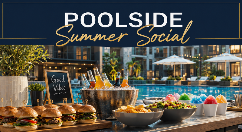 Poolside Summer Social ☀️🍔 — Celebrate summer with your neighbors at our Poolside Summer Social! Enjoy delicious burgers (including a veggie option), music from a live DJ, snow cones, soda, a photo booth, and an afternoon of fun by the pool. Please express interest - it helps us plan better! Plus, you'll get reminders.