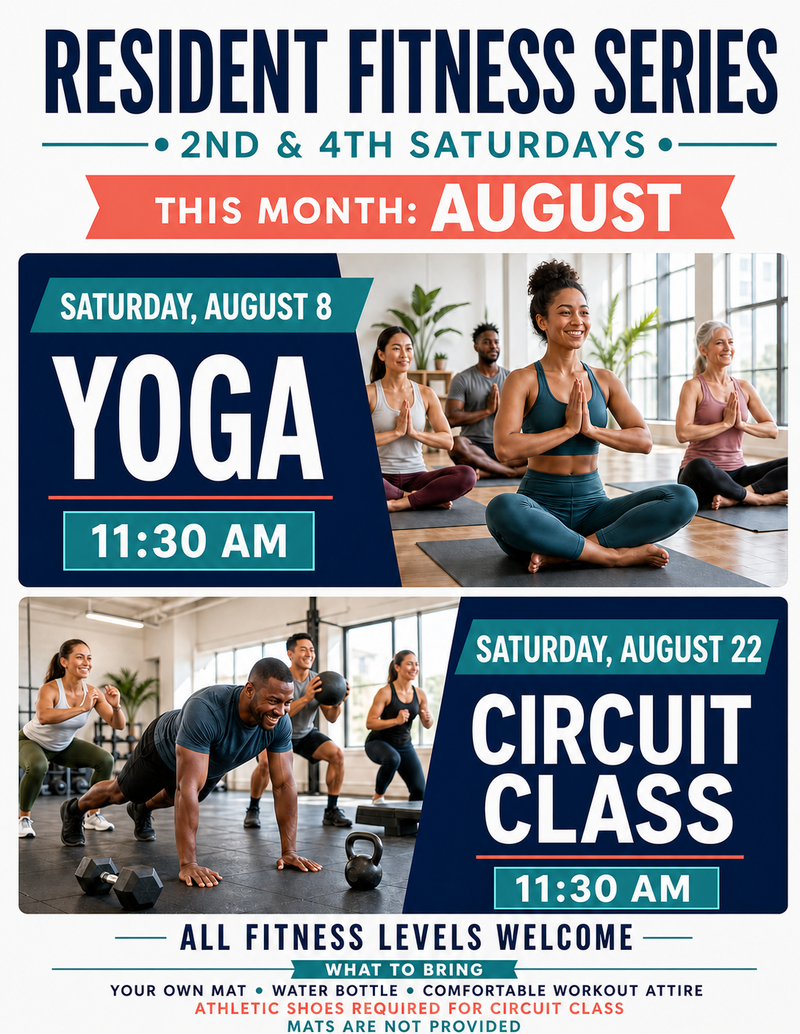 Resident Fitness Series — All Fitness Levels Welcomed We do have mets, water bottles, comfortable workout attire. Please express interest - it helps us plan better! Plus, you'll get reminders.