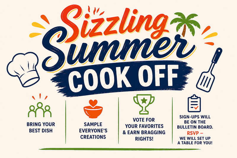 Sizzling Summer CookOff — Join us for a Boyd FAMILY FAVORITE! Let's get COOKING, gather, and share recipes all while we impress our neighbors with a dish from your culture or childhood . . . Think, Grandma's Home Cooking. Bring your best dish, sample everyone's creations, vote for your favorites, Earn BRAGGING rights! Sign-ups will be on the Bulletin Board. RSVP — we will set up a table for you! Please express interest - it helps us plan better! Plus, you'll get reminders.