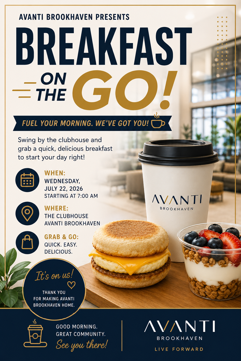 Breakfast On The Go — Stop by the clubhouse and grab a quick, delicious breakfast to start your day right! Please express interest - it helps us plan better! Plus, you'll get reminders.