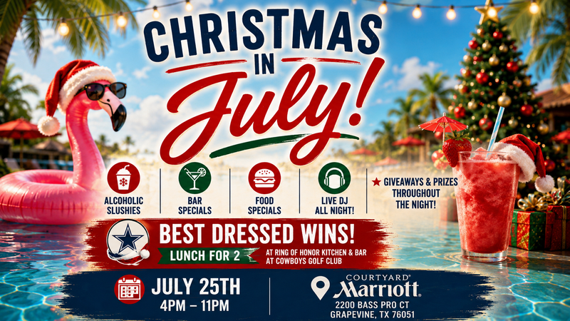 Christmas in July (Neighborhood Event) — Celebrate Christmas in July with an evening of festive summer fun at the Courtyard by Marriott—just across the street from our community! Enjoy holiday cheer with a tropical twist, including live music, food and drink specials, giveaways throughout the night, and a chance to win a prize for Best Dressed. This event is open to our residents at no charge, so grab your favorite festive attire and join the celebration. Event details are based on the attached flyer. Please express interest - it helps us plan better! Plus, you'll get reminders.