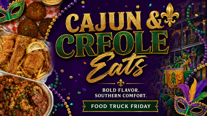 Food Truck Friday: Cajun & Creole Eats — Kick off your weekend with bold Cajun and Creole flavors! Stop by Food Truck Friday and enjoy a menu full of Southern favorites, from gumbo and jambalaya to fried seafood, wings, loaded potatoes, and more. Whether you're craving a hearty meal or looking to try something new, there's something for everyone. This is a self-pay event, so bring your appetite and enjoy a delicious evening with your neighbors! Please express interest - it helps us plan better! Plus, you'll get reminders.
