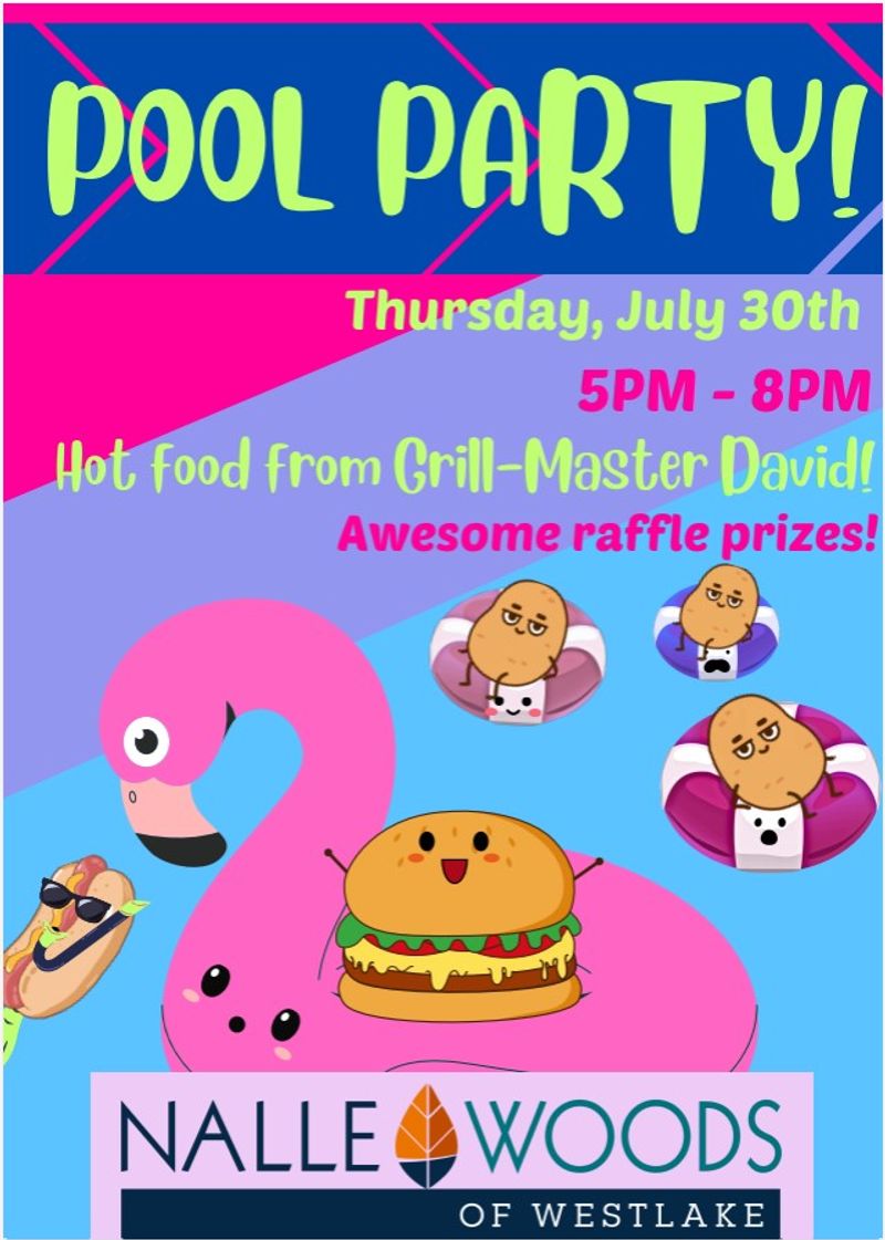 Nalle Woods Annual Pool Party! — Join us for Nalle Woods Annual Pool Party on Thursday, July 30th! Come hang out, cool off and enjoy delicious food and drinks. We will have Grill Master, David, cooking up some hamburgers and hot dogs! There will be ample side dishes, soft drinks and adult beverages for everyone to enjoy as well. Don't forget to enter for the raffle when you arrive and we hope to see you all there! Please express interest - it helps us plan better! Plus, you'll get reminders.