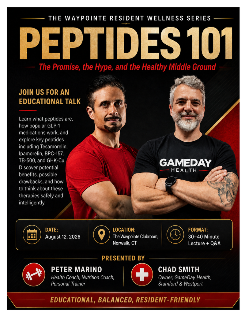 Wellness Series: Peptides 101 Q&A — Meet Peter and Chad, health and nutrition coaches and personal trainers. Learn what peptides are, how GLP-1 medications work, explore key peptides, and understand their potential benefits, risks, and safe use. Please express interest - it helps us plan better! Plus, you'll get reminders.
