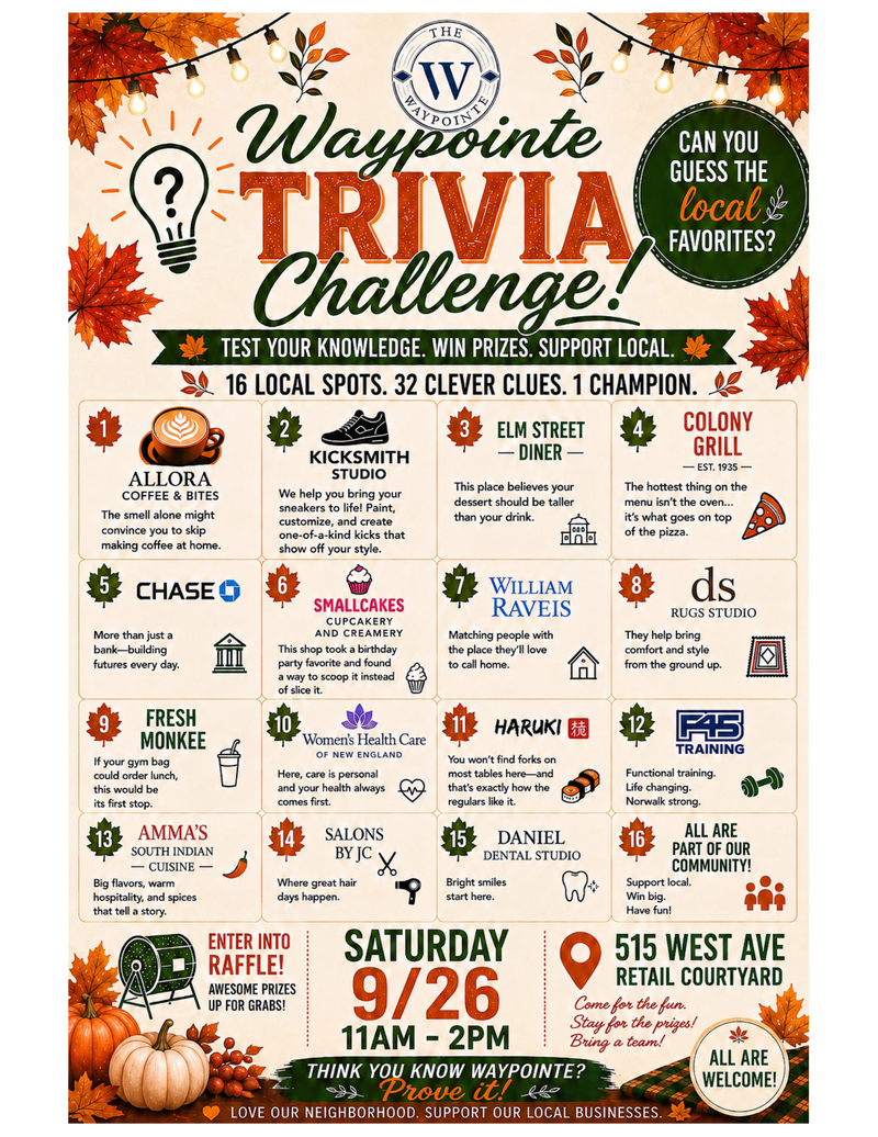 Waypointe Trivia Challenge! — 🍂 **Put Your Waypointe Knowledge to the Test!** 🍂 Bring your friends and family and join us for a fun-filled day of **Waypointe Trivia!** 🎉 Start your adventure at the Welcome Table in the Retail Courtyard, where you’ll enjoy a delicious cinnamon donut and a cup of apple cider. 🍎🍩 Then, pick up your Trivia Card and follow each clue to participating Waypointe retailers. Once you arrive, solve the clue and collect a letter for your card. Collect every letter, then unscramble them to reveal the secret word! Once you’ve completed your card, bring it back to the Welcome Table to be entered into our Gift Card Raffle! And that’s not all—you’ll get to keep the very cute fall-style pens you’ll use along the way! 🍁🖊️ Gather your crew, grab your trivia card, and see just how well you know Waypointe! Please express interest - it helps us plan better! Plus, you'll get reminders.