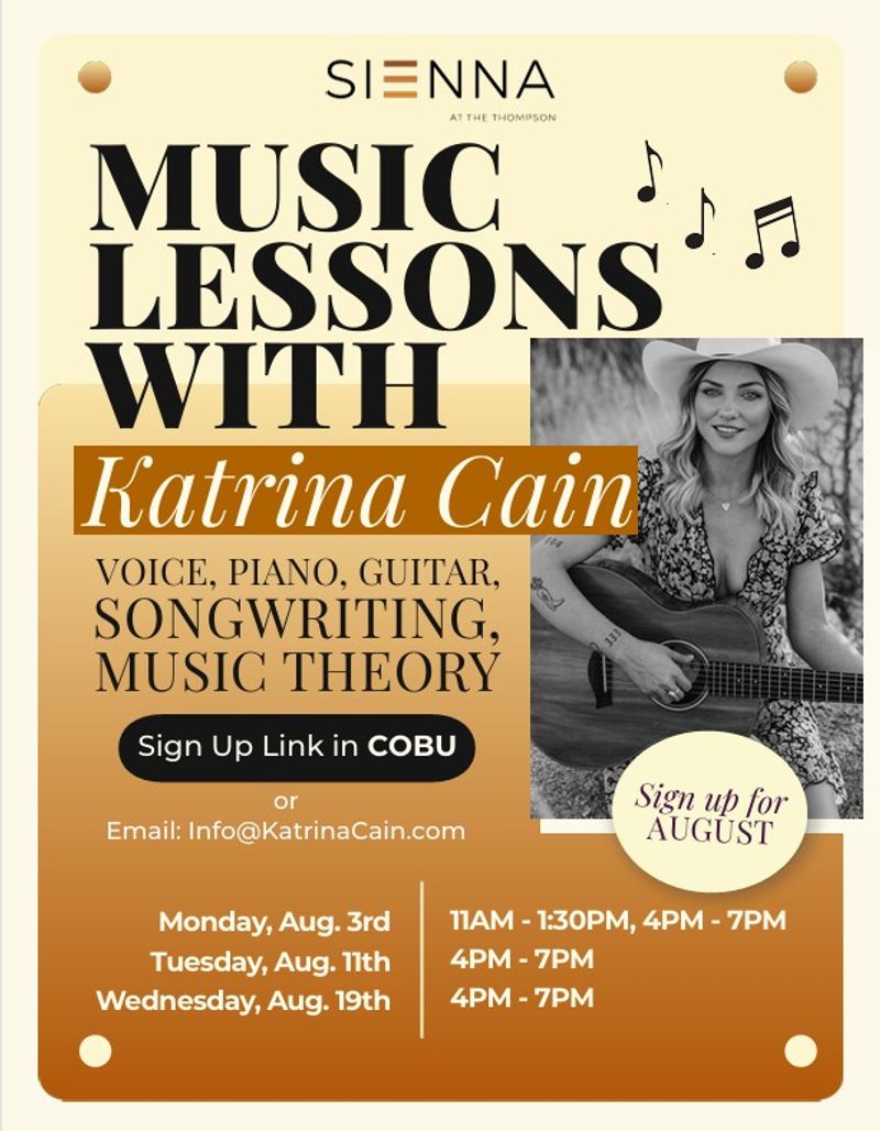 Music Lessons with Katrina Cain! — Please join Katrina Cain for Voice, Piano, Guitar, songwriting, and music theory! Please express interest - it helps us plan better! Plus, you'll get reminders.