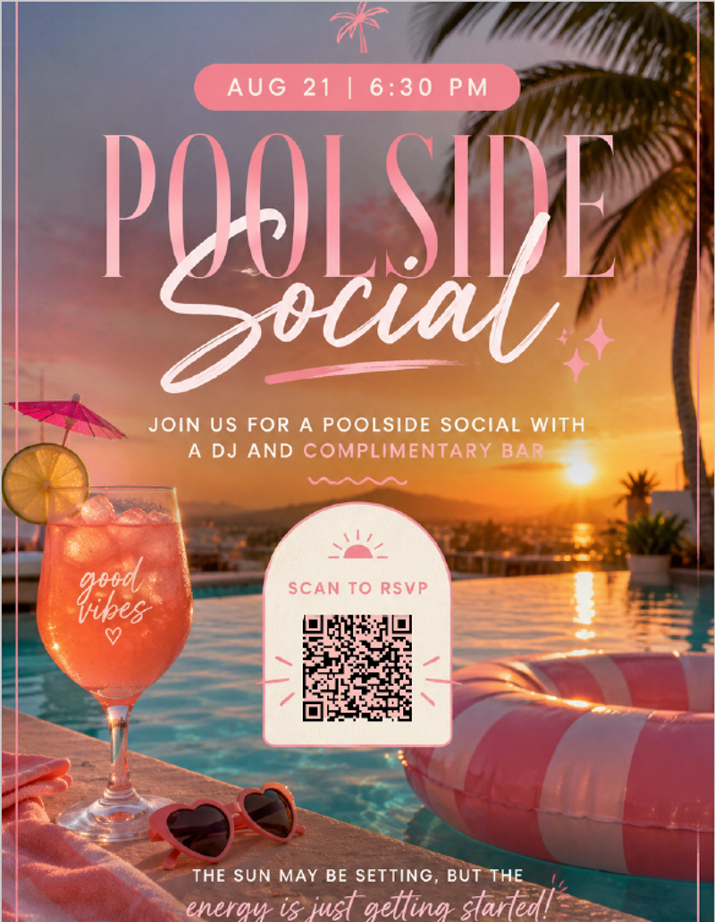 POOLSIDE SOCIAL — 🌴✨ POOLSIDE SOCIAL IS CALLING! ✨🌴 Join us Friday, August 21 at 6:30 PM for a sunset evening filled with good vibes, a DJ, poolside fun, and a complimentary bar. 🍹💦☀️ Grab your friends, throw on your favorite summer fit, and come hang with us! 🕶️🌺 RSVP through Cobu to save your spot! 💕 Please express interest - it helps us plan better! Plus, you'll get reminders.