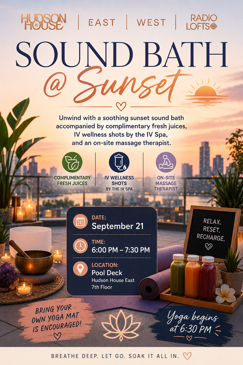 Sound Bath at Sunset: Outdoor Yoga & Wellness Evening — Unwind, reset, and restore with an evening of relaxation and self-care! Join us on the 7th Floor Turf for a revitalizing outdoor yoga flow followed by a soothing sunset soundbath. While you unwind, enjoy complimentary wellness shots and juices, plus on-site massage therapy sessions. Bring a yoga mat, a water bottle, and a comfortable blanket or layers for the sound bath. Please express interest - it helps us plan better! Plus, you'll get reminders.