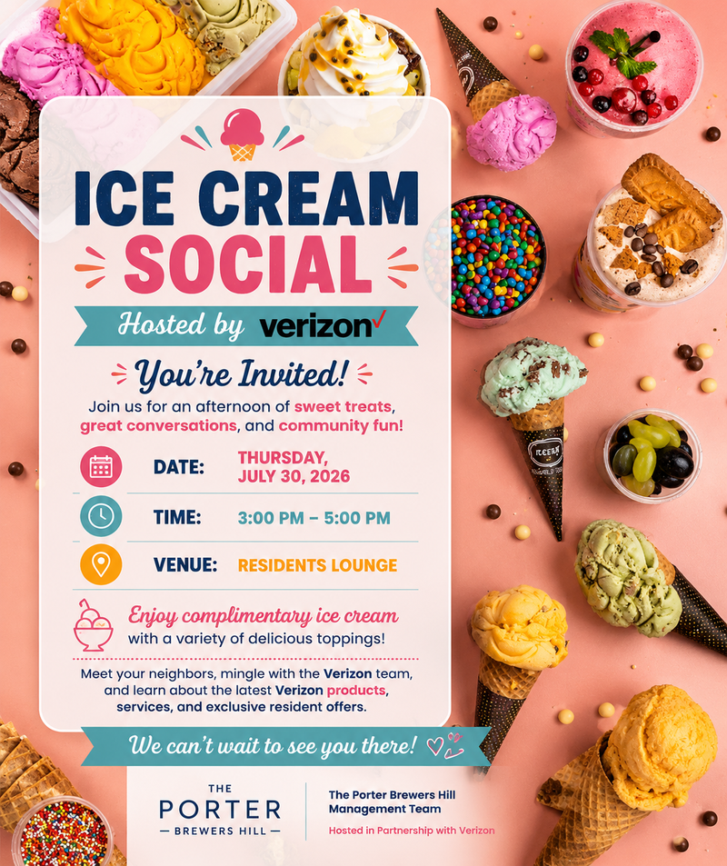 ICE CREAM SOCIAL — Enjoy complimentary ice cream with a variety of delicious toppings. Meet your neighbors, mingle with the Verizon team, and learn about the latest Verizon products, services, and exclusive resident offers. We can't wait to see you there! Hosted in Partnership with Verizon Please express interest - it helps us plan better! Plus, you'll get reminders.