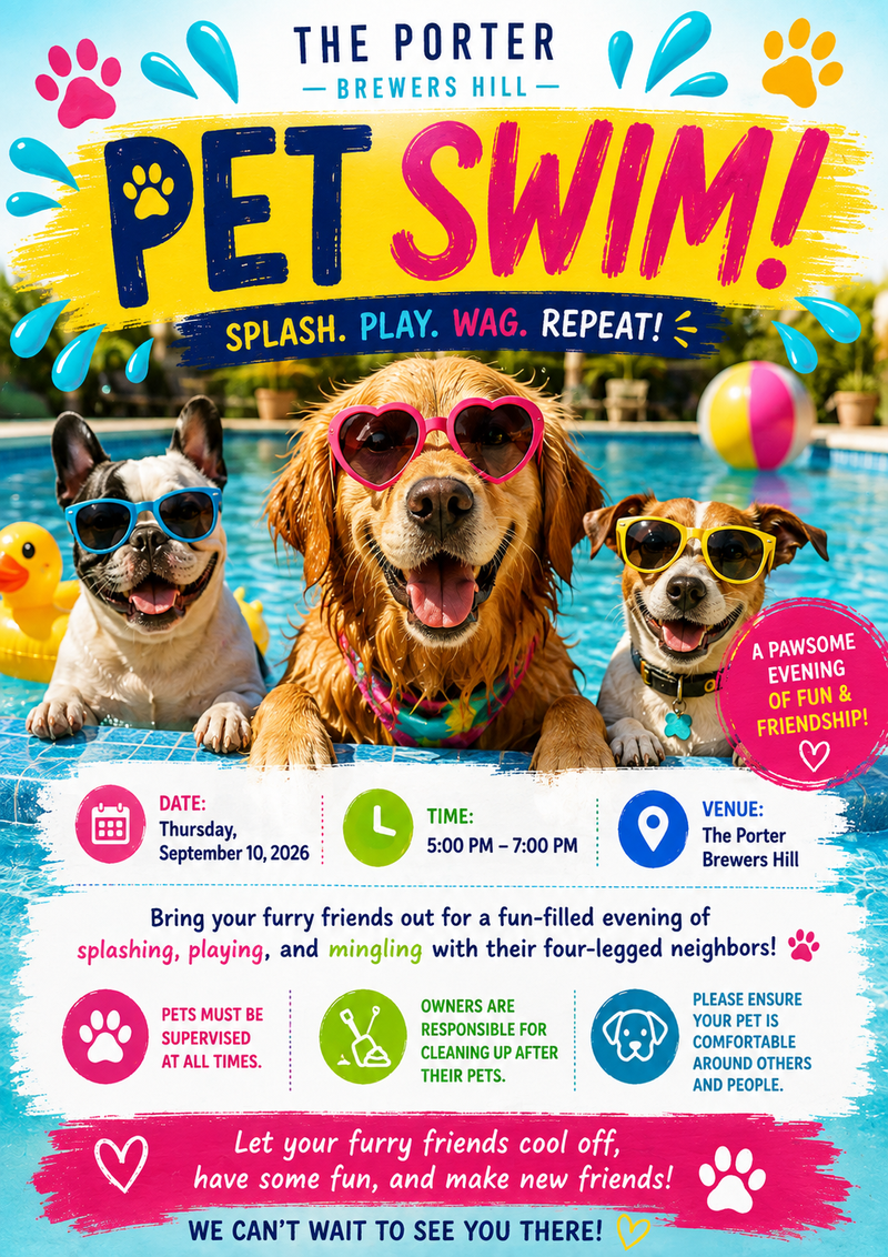 Pet swim — Bring your furry friends out for a fun-filled evening of splashing, playing, and mingling with their four-legged neighbors!🐶🐾 Please remember: 🐾 Pets must be supervised at all times. 🧹 Owners are responsible for cleaning up after their pets. 🐕 Please ensure your pet is comfortable around others and people. Let your furry friends cool off, have some fun, and make new friends Please express interest - it helps us plan better! Plus, you'll get reminders.