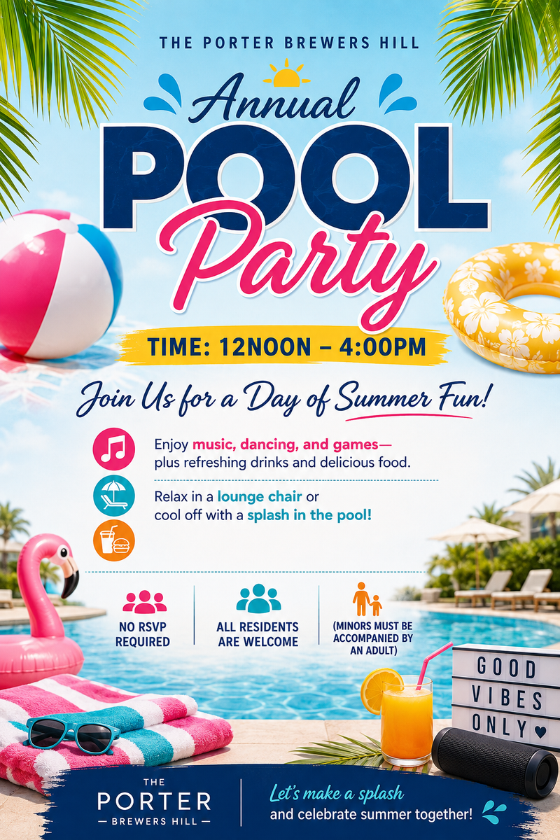 Annual Pool Party! — Join Us for a Day of Summer Fun! Enjoy music, dancing, and games—plus refreshing drinks and delicious food. Relax in a lounge chair or cool off with a splash in the pool! No RSVP required All residents are welcome (Minors must be accompanied by an adult) Please express interest - it helps us plan better! Plus, you'll get reminders.