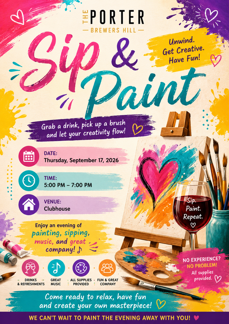 Paint & Sip — Unwind, get creative, and join us for a fun Sip & Evening at The Porter Brewers Hill! 🖌️ Enjoy an evening of painting, sipping, music, and great company! 🎶🍷🎨 Come ready to relax, have fun, and create your own masterpiece! We can’t wait to paint the evening away with you! 💫 Please express interest - it helps us plan better! Plus, you'll get reminders.