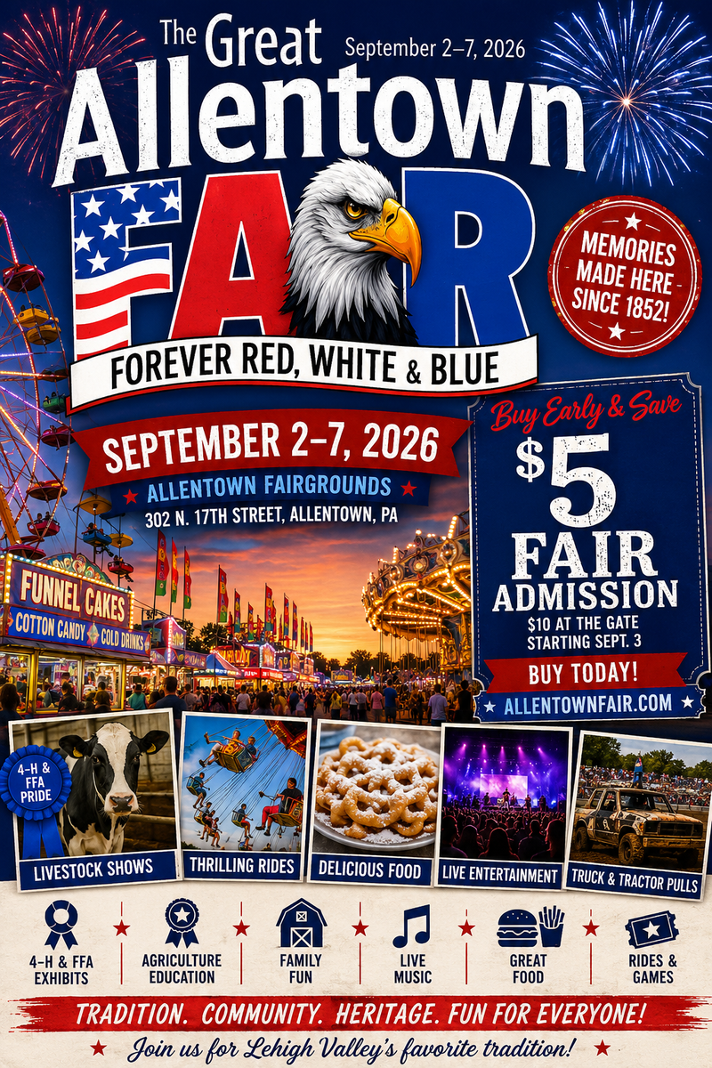 🎡 The Great Allentown Fair — 🎡 The Great Allentown Fair is almost here!! 🎡 September 2–7, the Fair is taking over Allentown! ❤️🤍💙 Come for the food 🤤, stay for the rides 🎢, live entertainment 🎶, games, livestock shows 🐄 and all the fair fun! Everyone gets FREE admission from 12–2 PM on Thursday Sept. 3 AND Friday Sept. 4. 👀 Kids 12 and under are free every day, military/veterans are free Sunday, and seniors 65+ are free Monday 🎟️ Buy Early & Save: $5 admission 🎟️ At the Gate: $10 starting Sept. 3 📍 Allentown Fairgrounds — 302 N. 17th St. There are different events, shows & activities happening EVERY DAY, so make sure you check out the daily schedule before you go! 👀 🔗View the full daily schedule & fair details - allentownfair.com Who’s going?! 🙋🏽‍♀️🎠🍿🎟️ Please express interest - it helps us plan better! Plus, you'll get reminders.