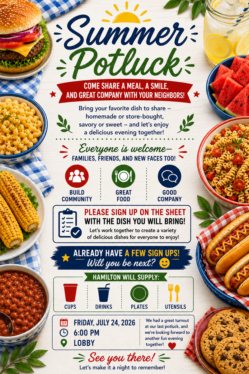 Summer Potluck — ☀️🍽️ Summer Potluck is Almost Here! 🍽️☀️ We already have a few residents signed up! 😊 Join us on Friday, July 24th at 6:00 PM in the Lobby for an evening of good food, great company, and getting to know your neighbors. Bring your favorite dish to share ,homemade or store-bought, everyone is welcome! 📝 If you'd like to participate, please stop by the Front Desk and sign up with the dish you'll be bringing. This helps us make sure we have a nice variety of food for everyone. Hamilton will provide: 🥤 Drinks 🥤 Cups 🍽️ Plates 🍴 Utensils We had a great turnout at our last potluck, and we're looking forward to another fun evening together. Hope to see you there! 💙🍉🥗🍪 Please express interest - it helps us plan better! Plus, you'll get reminders.