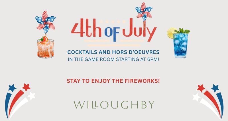 4th of July Cocktails and Hors d'oeuvres — Although we've had to postpone our BBQ because of extreme weather, the party will go on! Join us in the Game Room for hors d'oeuvres and cocktails and stay to watch the Macy's Fireworks! Please express interest - it helps us plan better! Plus, you'll get reminders.