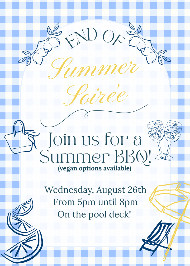 Summer Soirée!   — Join us for a Summer BBQ on Wednesday, August 26th at 5pm! Please individually RSVP by Friday, August 21st, this helps us anticipate the crowd and supplies needed. If you have a child, please add them to your count, residents only! See you on Wednesday, August 26th to celebrate! (Cobu code:p9sk) Please express interest - it helps us plan better! Plus, you'll get reminders. Rain Date: Tuesday, August 25th