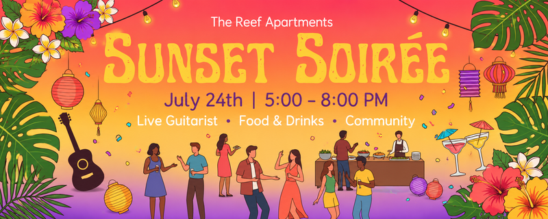 Sunset Soirée — Celebrate summer with an evening of great music, delicious food, refreshing drinks, and wonderful company! Enjoy live music from a guitarist while relaxing, mingling with neighbors, and taking in the sunset. We can’t wait to see you there! Please express interest - it helps us plan better! Plus, you'll get reminders.
