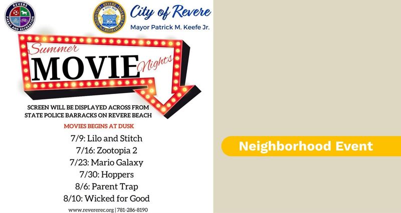 Summer Movie Night at Revere Beach: Mario Galaxy — Enjoy a free outdoor movie night at Revere Beach! Bring a blanket or lawn chair and settle in for Mario Galaxy as the movie begins at dusk. This is a local community event and is not sponsored by the property. Please express interest - it helps us plan better! Plus, you'll get reminders.