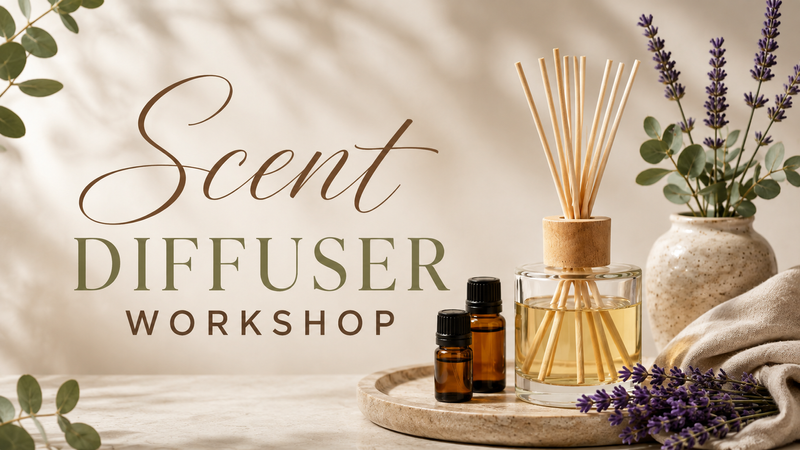 Scent Diffuser Workshop — Create your own custom reed diffuser and bring home a signature scent that’s uniquely yours! Mix and match fragrance oils, assemble your diffuser, and enjoy a relaxing, hands-on workshop perfect for adding a personal touch to your home. All materials will be provided Please express interest - it helps us plan better! Plus, you'll get reminders.