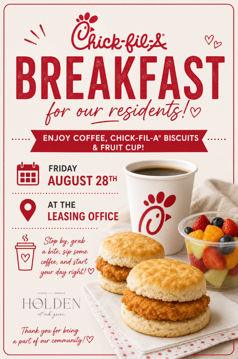 Breakfast On The Go  — Start your Friday morning with us! Stop by the Clubroom on Friday, August 28th from 8:15 AM–10:00 AM and grab a delicious Chick-fil-A breakfast on your way out. Whether you’re heading to work, class, or just getting your morning started, we’d love to see you! Please express interest - it helps us plan better! Plus, you'll get reminders.