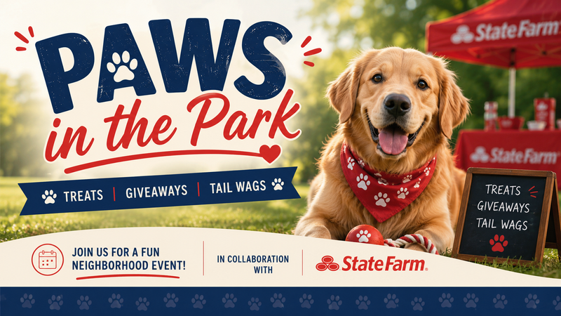 Paws in the Park / Patitas en el Parque — Grab your furry friend and join us for Paws in the Park! We’re excited to partner with State Farm for an afternoon of fun, where you and your pup can connect with neighbors while enjoying tasty treats, fun giveaways, and plenty of tail wags. ¡Trae a tu amigo peludo y acompáñanos a Patitas en el Parque! Nos emociona colaborar con State Farm para una tarde de diversión, donde tú y tu cachorro podrán convivir con sus vecinos mientras disfrutan de deliciosos premios, divertidos obsequios y muchas colitas felices.