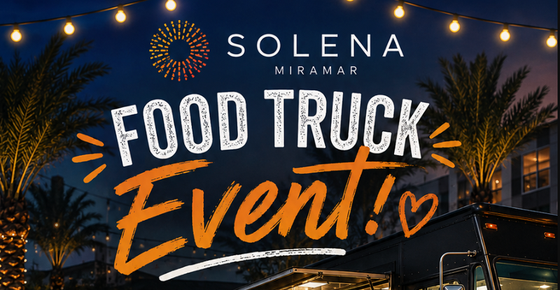 Food Truck Event!  — Como en Kasa is stopping by Solena Miramar! Come hungry and grab dinner from the food truck while they’re parked right in front of the Clubhouse. Their menu features tacos, burgers, and more, making it an easy dinner option close to home. Please express interest - it helps us plan better! Plus, you'll get reminders.