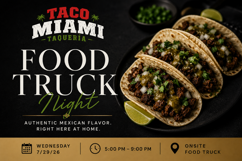 Taco Miami Taqueria Food Truck 🌮🚚 — Get ready for an evening of authentic street food as Taco Miami Taqueria rolls into the community! Choose from a delicious variety of Mexican favorites including tacos, quesabirrias, burritos, quesadillas, tortas, elote, and more. Craving something different? They also offer burgers, chicken sandwiches, wraps, hot dogs, sides, desserts, and refreshing drinks—there's something for everyone! Bring your appetite, grab dinner with your neighbors, and enjoy a fun evening without leaving the community. Please express interest - it helps us plan better! Plus, you'll get reminders.