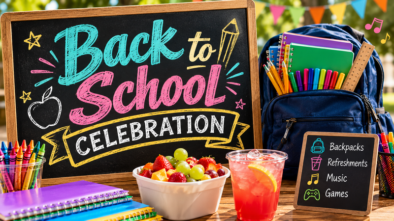 Back to School Celebration — Back to School Event: Bring your own backpack to stuff with school essentials! Backpacks available for those in need. Enjoy refreshments, music & games while preparing for a successful school year! Please express interest - it helps us plan better! Plus, you'll get reminders.