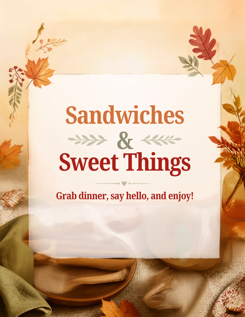 sandwiches & Sweet Things — A little fall treat, just because we adore you! ❤️ Life gets busy, so we thought we’d help make dinner one less thing to think about tonight. Stop by the leasing office and grab a sandwich + something sweet to take home and enjoy. No RSVP, no fuss, no need to stay — just swing by, say hello, grab some dinner, and enjoy a little fall love from your leasing team! 🍁 Because sometimes the best dinner plans are the ones you don’t have to make. 😉 Please express interest - it helps us plan better! Plus, you'll get reminders.