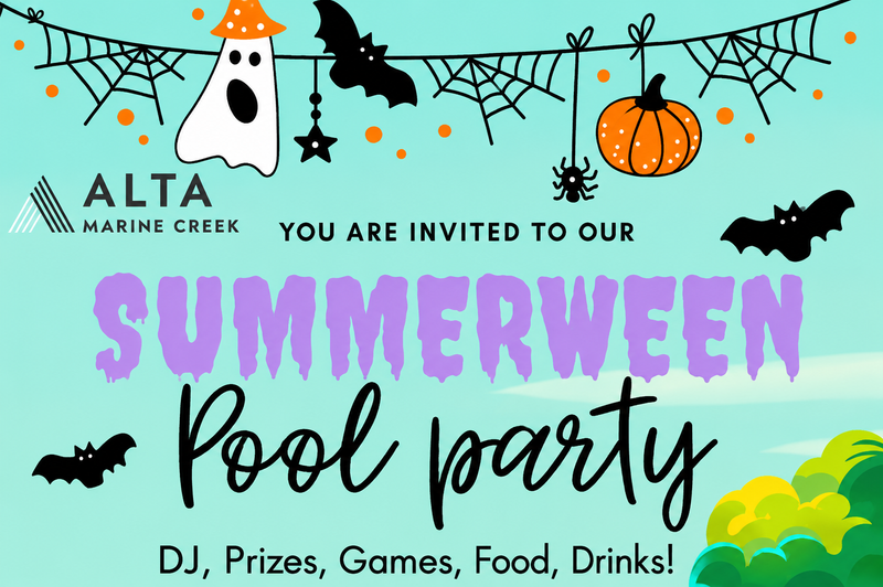 Summerween Pool Party — Who says Halloween has to wait until October? Join us poolside for a frightfully fun afternoon featuring a live DJ, festive games, delicious food, refreshing drinks, and exciting prizes. Throw on your favorite summer or Halloween-inspired look and soak up the spooky vibes at our resort-style pool. It's the perfect way to celebrate summer with your neighbors—you won't want to miss it! Resident Only Event (Only 2 guests per apartment)