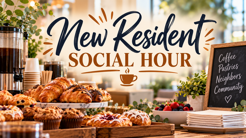New Resident Social Hour  — Come meet your neighbors and enjoy coffee and pastries! ☕🥐 Connect with your community and get your questions answered by the office and maintenance teams.