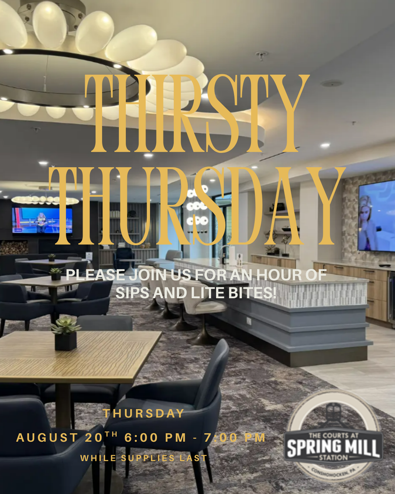 Thirsty Thursday — Please stop by the Mingle Room for an hour of sips and light bites! Please express interest - it helps us plan better! Plus, you'll get reminders.