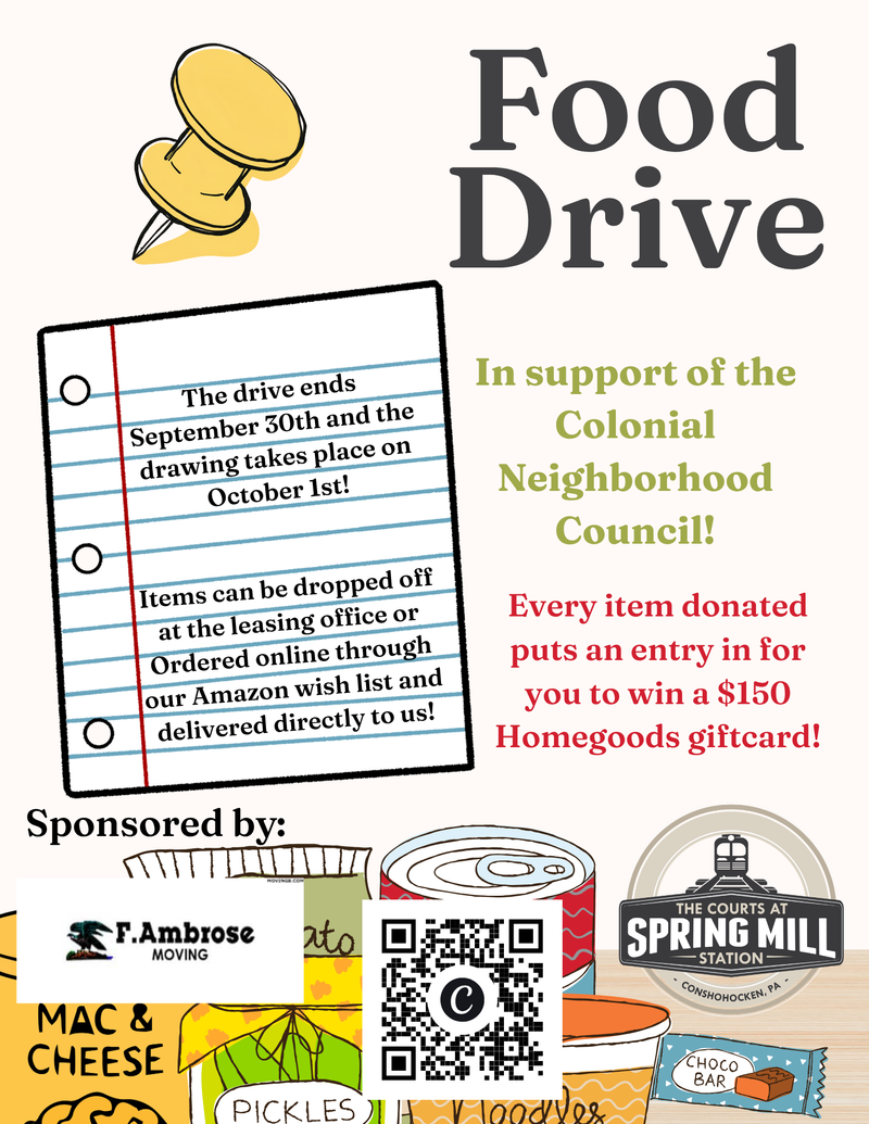 Colonial Neighborhood Council Food Drive — From September 1st to September 30th, we are holding a Food Drive in support of the Colonial Neighborhood Council! You can bring nonperishable food items to the office or purchase from our Amazon wish list here: https://www.amazon.com/hz/wishlist/ls/189MHL1C3MI9P?ref_=wl_share Every purchase/item donated enters your name into a raffle to win a $150 HomeGoods gift card! The drawing takes place October 1st. Thank you for your support! Please express interest - it helps us plan better! Plus, you'll get reminders.