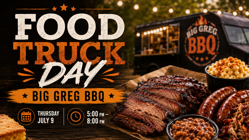 Big Greg BBQ Food Truck — Come hungry! Big Greg BBQ is rolling in with slow-smoked barbecue, hearty sides, and homemade desserts. Whether you’re craving brisket, ribs, pulled pork, loaded mac & cheese, or a sweet treat, there’s something on the menu for everyone. Skip the cooking and enjoy a delicious BBQ dinner right outside your community. When: Thursday, July 9 Time: 5:00 PM – 8:00 PM Please express interest - it helps us plan better! Plus, you'll get reminders.