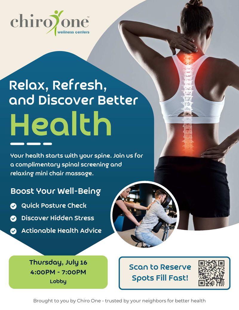 🌿 Relax, Refresh & Discover Better Health – Join Us July 16! — Dear Aqua Residents, We're excited to invite you to a special Resident Appreciation Wellness Event hosted by Chiro One Wellness Centers! Take a break from your busy day and enjoy an evening focused on relaxation and well-being. Join us for complimentary wellness services, including: ✨ A Quick Posture Check 💆 Relaxing Mini Chair Massages 🩺 A Complimentary Spinal Screening 💡 Personalized Health & Wellness Advice Event Details 📅 Thursday, July 16 🕓 4:00 PM – 7:00 PM 📍 Lobby Whether you're curious about improving your posture, relieving everyday stress, or simply want to enjoy a relaxing chair massage, this is a wonderful opportunity to invest in your health—right here at Aqua! Spots are limited, so be sure to reserve your place by scanning the QR code on the attached flyer. We hope you'll stop by and treat yourself to a little midweek wellness. We look forward to seeing you there! Warmly, The Aqua Management Team Please express interest - it helps us plan better! Plus, you'll get reminders.