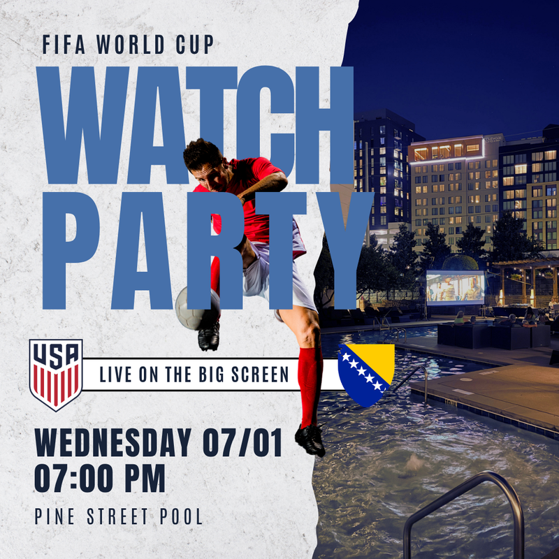 Poolside World Cup Watch Party — Join us for a night swim as we watch Team USA takes on Bosnia and Herzegovina. The game starts at 7pm, and we'll have pizza and drinks for the occasion. Whether you want to enjoy the match in the pool or from a dry seat around it, we can't wait to cheer on our team with our neighbors and friends.