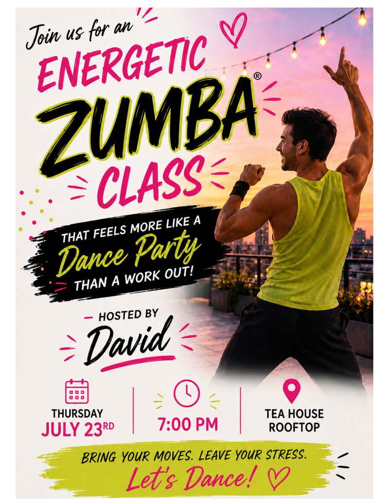 Rooftop Zumba Class — UPDATED DATE DUE TO AIR QUALITY! Join your neighbors for an energetic Zumba class on the roof! Please express interest - it helps us plan better! Plus, you'll get reminders.