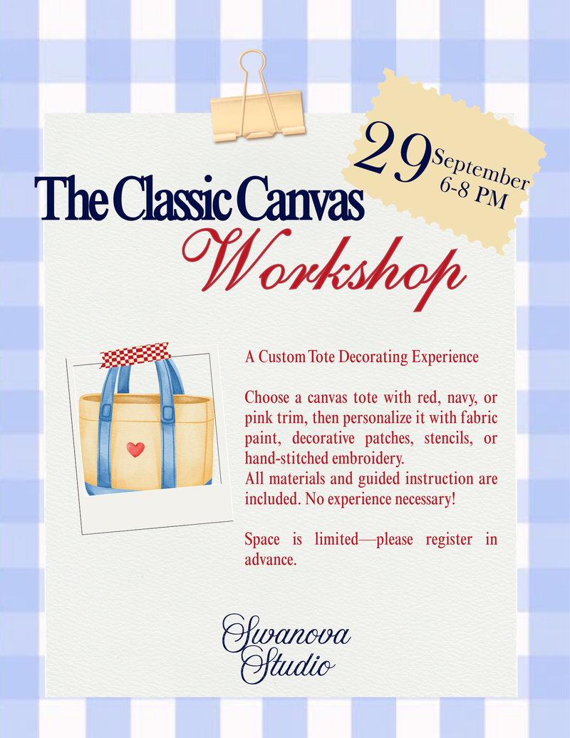 Heritage Canvas Tote Bag Atelier — Custom Tote Decorating Experience Choose a canvas tote with red, navy, or pink trim, then personalize it with fabric paint, decorative patches, stencils, or hand-stitched embroidery. All materials and guided instruction are included. No experience necessary! Space is limited—please register in advance. Please express interest - it helps us plan better! Plus, you'll get reminders.