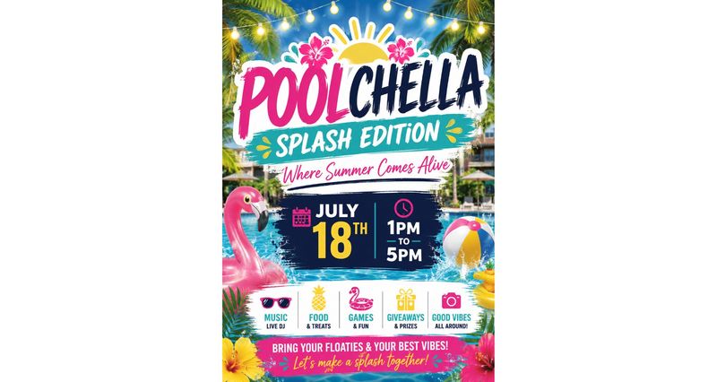 POOLCHELLA — Get ready to turn up the summer vibes at POOLCHELLA: Splash Edition ☀️🌊 Join us poolside for an afternoon full of music, sunshine, and good energy! We’re bringing the ultimate summer experience with a live DJ, fun games, tasty treats, and giveaways you don’t want to miss. Whether you’re here to relax, vibe, or make a splash — this is your moment to kick back and enjoy the community. ✨ Good food. Good vibes. Great neighbors. ✨ Let’s make a splash together! Please express interest - it helps us plan better! Plus, you'll get reminders.