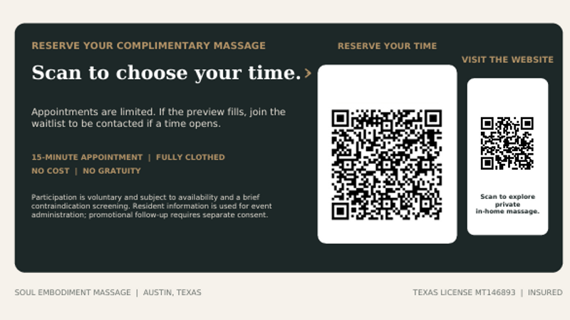 Complimentary Resident Wellness Massage  — Meet Garrett Di Biase, LMT for a complimentary 15-minute appointment with a brief consultation and approximately 10-12 minutes of fully clothed massage. Please sign up using the link below: https://calendly.com/soulembodimentmassage/sienna-resident-wellness-preview?month=2026-09 Calendly Link Please express interest - it helps us plan better! Plus, you'll get reminders. Please express interest - it helps us plan better! Plus, you'll get reminders.