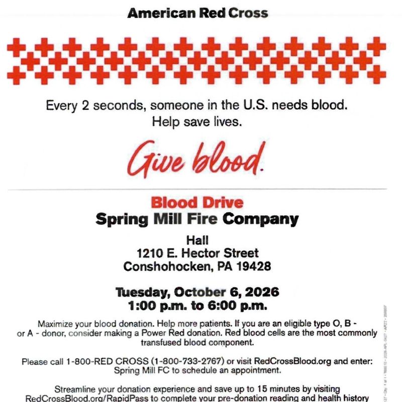 Red Cross Blood Drive — Blood Drive at Spring Mill Fire Company Hall.