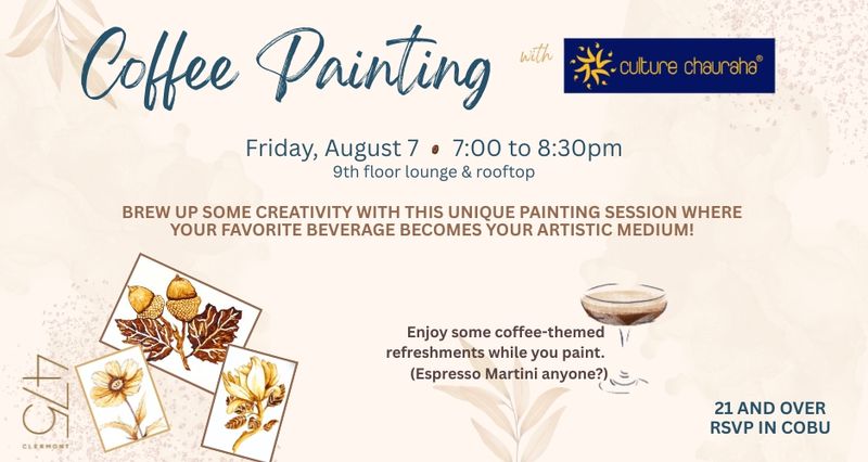Coffee Painting! — Brew up some creativity with this unique painting session where your favorite beverage becomes your artistic medium! Coffee painting creates warm, earthy tones and a rich vintage effect—perfect for experimenting with light, layering, and texture. In this workshop, you'll explore techniques similar to watercolor—like washes, blending, and detail work—while enjoying the calming aroma of coffee as you paint. Choose from a selection of guided references or create your own scene. *Photography & Video Notice: Please be advised that photography and video may be captured during resident events for marketing and promotional purposes. Images and footage may be used across RXR's marketing channels, including social media, websites, digital communications, advertisements, and other promotional materials. If you prefer not to be photographed or included in any marketing materials, please notify the Property Manager or an onsite team member before or during the event. We will note your account and make every reasonable effort to respect your preference. Thank you for being part of our community! Please express interest - it helps us plan better! Plus, you'll get reminders.