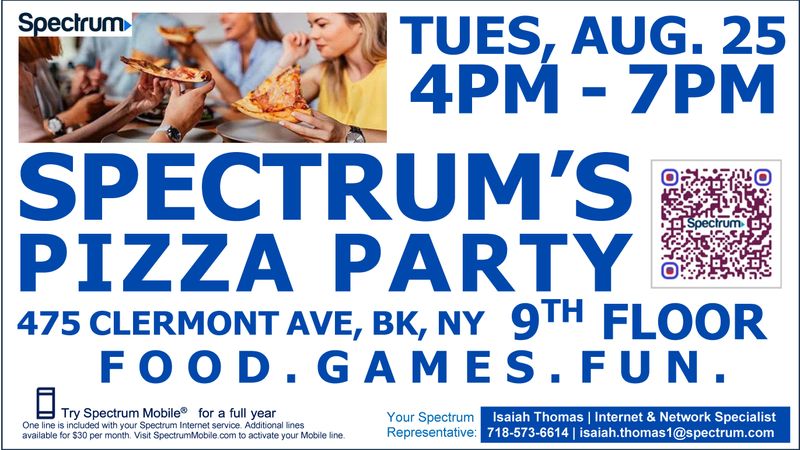 Spectrum Pizza Party — Join Spectrum for Pizza, Games and Fun! Meet your representative and see the exclusive offers for 475 Clermont Residents! Please express interest - it helps us plan better! Plus, you'll get reminders.