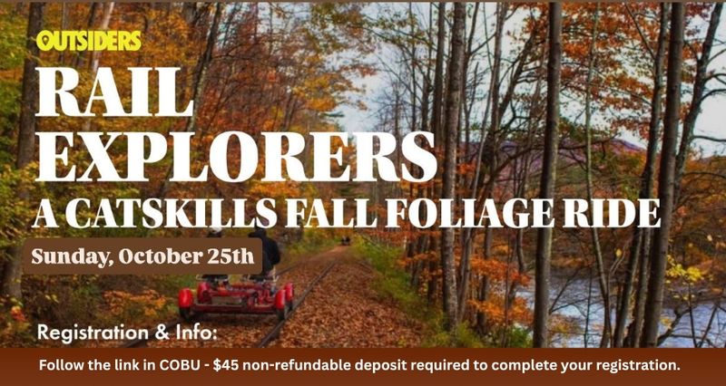 A Catskills Fall Foliage Ride! — Register via the link. Limited spots available. $45 non-refundable deposit is required to reserve your space. No additional ticket cost for residents! Residents Only. Hop aboard for one of the most unique and scenic adventures of the season, a Rail Explorers ride through the heart of the Catskills. Cruise along historic railroad tracks in a custom pedal-powered rail car, soaking in the crisp mountain air and breathtaking early fall views at every turn. This 2.5-hour guided tour follows the historic Ulster & Delaware Railroad corridor, gliding through golden forests, over old trestle bridges, and alongside the tranquil Esopus Creek. It's part leisurely ride, part light cardio, and all-around fun, no experience required. Event Details: 12:30 PM, Meet at The Willoughby 3:30 PM, Rail Explorers tour begins 5:30 PM, Tour ends, hangout time 6:00 PM, Head to a local eatery for food and drinks 8:00 PM, Head back to NYC 10:30 PM, approximate return to Brooklyn All times are approximate and subject to traffic, weather, and group flow. Additional details in the link. Please express interest - it helps us plan better! Plus, you'll get reminders.