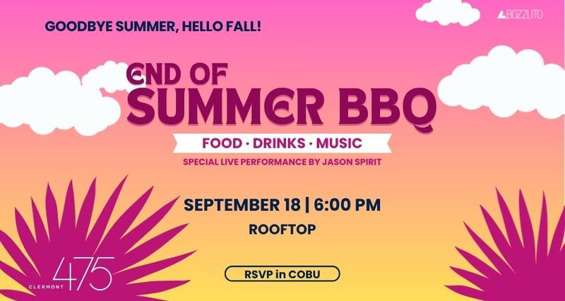End of Summer BBQ! — Join us as we say Goodbye Summer and Hello Fall! Food, Drinks, Music - Special Live Performance by Jason Spirit! Please express interest - it helps us plan better! Plus, you'll get reminders.