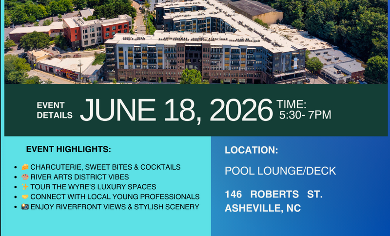 Propel AVL Connection @ The Wyre — Expand your network and connect with Asheville’s next generation of leaders and changemakers. Enjoy an evening of charcuterie, sweet bites, cocktails, and meaningful conversations while exploring The Wyre’s luxury spaces and taking in beautiful riverfront views. Meet ambitious young professionals, learn about local opportunities, and grow your community in a fun and welcoming environment. Please express interest - it helps us plan better! Plus, you'll get reminders.