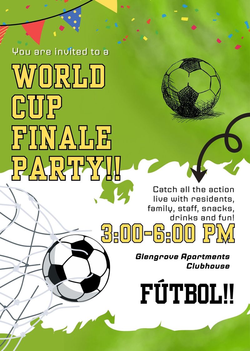 World Cup Finale Watch Party!  — Join us in the clubhouse for the World Cup Futbol Finale!! The final game begins this Sunday at 3pm! We'll provide snacks and drinks; we'd love to have you! Please RSVP! Please express interest - it helps us plan better! Plus, you'll get reminders.