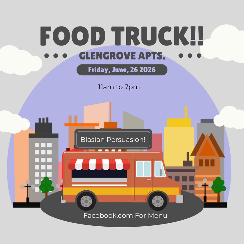 Food Truck!! — Come out and grab some awesome food!! Glengrove Apartments will have the "Blasian Persuasion" Food Truck out front for all to enjoy, next Friday, June 26th, from 11am to 7pm. Residents will be able to get lunch and dinner. Blasian Persuasion has a large variety menu that we'll post in the Cobu feed. We hope everyone can make it out! If all goes well, we'll ask them to return, and we can look into other food trucks as well! Please express interest - it helps us plan better! Plus, you'll get reminders.