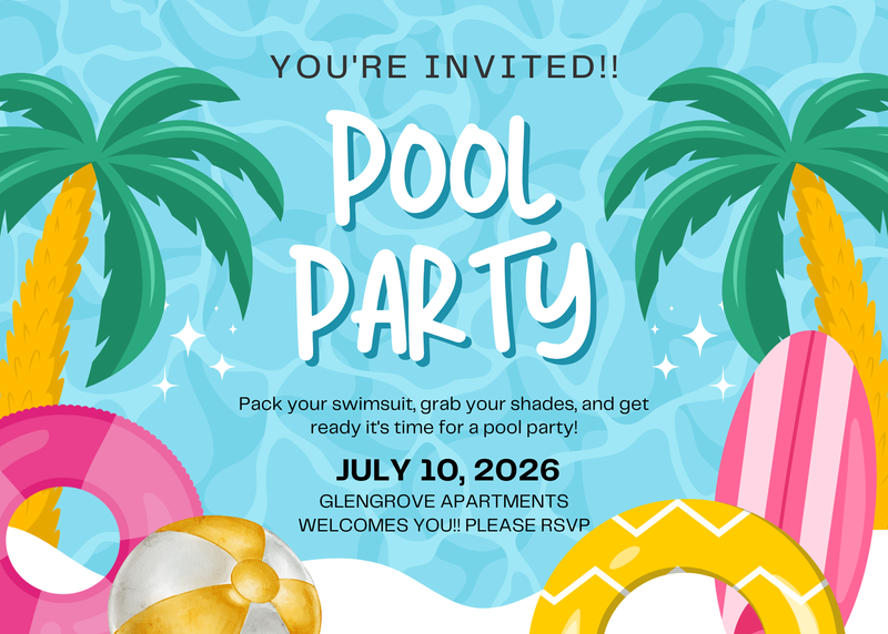 Pool Party!! — We are hosting a pool party for you, the residents, to have fun and enjoy yourselves, as a thank you from us! We'll be grilling hot dogs, they'll be snacks, drinks, and music! Hope you're ready to party! To top it all off, we're raffling off an awesome gift card! Please RSVP to join! Please express interest - it helps us plan better! Plus, you'll get reminders.